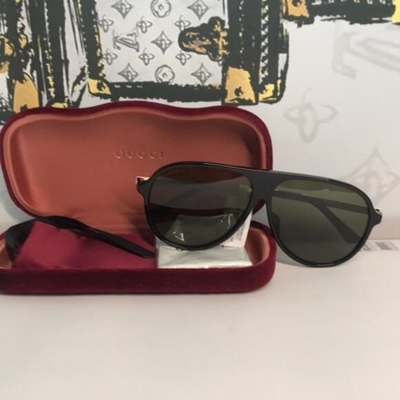 New Authentic  Gucci GG0829SA 002 – Black & Ruthenium Aviator Green Lenses ✨ - Picture 3 of 11